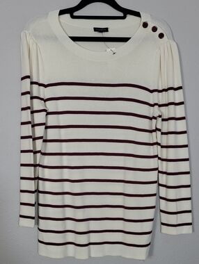 NWT Talbots Puff Sleeve Sweater Size Medium Cream Maroon Stripe Classic Office